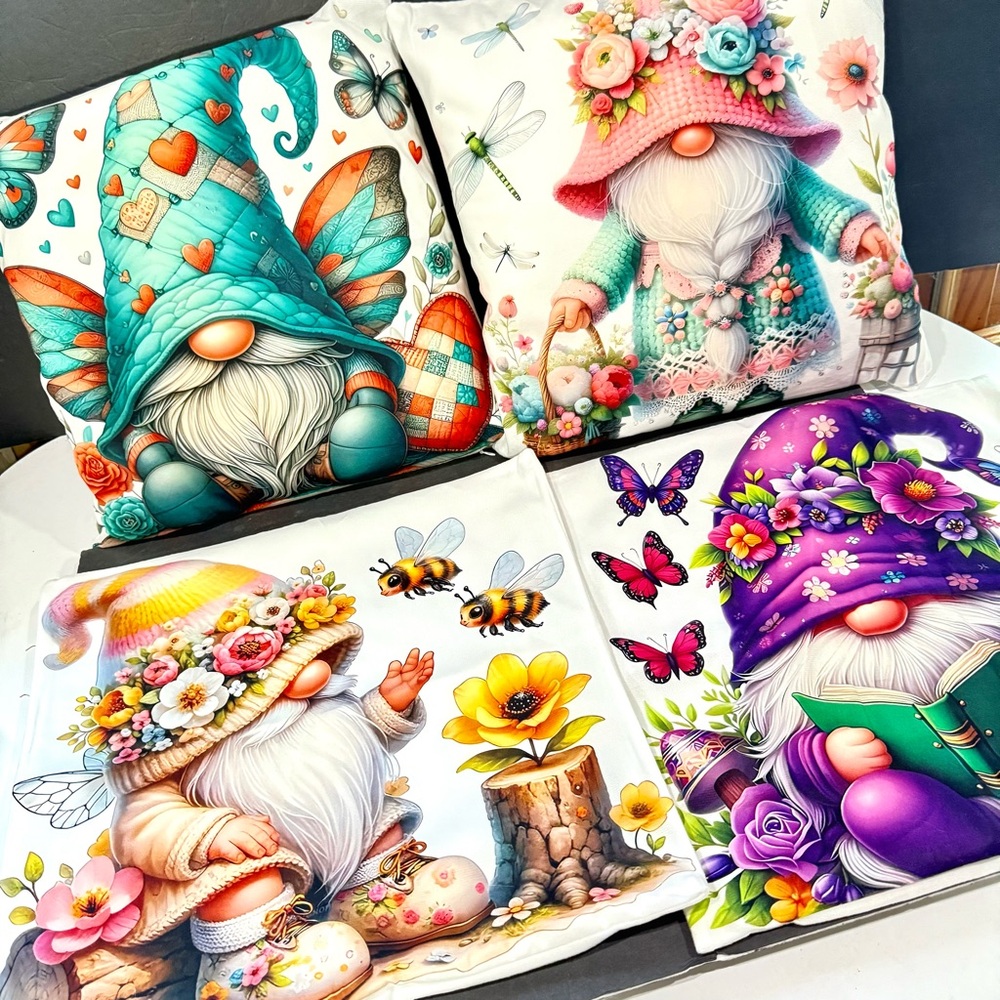 4pc Colorful Gnome Decorative 18”x18” Pillowcase Pillow Cover Set Home Decor NWT